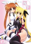  blonde_hair fate_testarossa kamogawa_tanuki long_hair lyrical_nanoha magic_circle magical_girl mahou_shoujo_lyrical_nanoha_strikers multiple_girls panties pantyshot takamachi_nanoha thighhighs twintails underwear very_long_hair zettai_ryouiki 