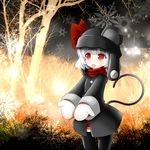  animal_ears bad_id bad_pixiv_id coat cocozasa grey_hair highres mittens mouse_ears mouse_tail nazrin open_mouth red_eyes ribbon scarf short_hair smile snowflakes solo tail thighhighs touhou winter zettai_ryouiki 