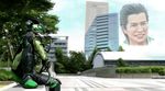  alternate_form black_hair building cityscape kamen_rider kamen_rider_ooo_(series) male_focus multiple_persona oekaki photorealistic projected_inset sitting smile solo teeth tree uva villain 