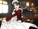  apron black_hair blush brooch cosplay fate/stay_night fate_(series) female green_eyes happy headdress jewelry long_hair maid maid_apron open_mouth restaurant smile solo tohsaka_rin twintails 