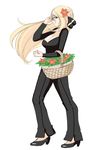  basket bellbottoms blonde_hair breasts cleavage colorized flower full_body hair_flower hair_ornament hand_in_hair high_heels highres kekekeke large_breasts long_hair pokemon pokemon_(game) pokemon_dppt shirona_(pokemon) shoes simple_background solo white_background 