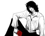  andre_grandier asano_kirihito black_hair flower hair_over_one_eye male_focus monochrome pants rose sitting solo spot_color versailles_no_bara 