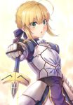  1girl :o ahoge armor armored_dress artoria_pendragon_(all) bangs blue_dress blue_ribbon blush breastplate commentary cowboy_shot dress eyebrows_visible_through_hair fate/stay_night fate_(series) faulds gauntlets glowing glowing_sword glowing_weapon hair_ribbon highres holding holding_sword holding_weapon looking_at_viewer open_mouth outstretched_arm ribbon saber samoore sidelocks solo sword v-shaped_eyebrows weapon white_background 