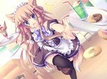  1girl animal_ears apron bad_id bad_pixiv_id black_legwear blue_eyes brown_hair clumsy doughnut fang food hair_ornament hair_ribbon headdress highres long_hair muku_(apupop) open_mouth original parfait ribbon solo tail tears thighhighs tray very_long_hair waitress 