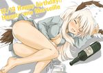  animal_ears bad_id bad_pixiv_id bare_legs barefoot birthday blonde_hair bottle breasts character_name cleavage closed_eyes cup dakku_(ogitsune) drunk fang hanna-justina_marseille happy_birthday long_hair lying medium_breasts on_side open_clothes open_mouth open_shirt shirt sleeping solo strike_witches tail world_witches_series zzz 