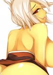  ass back bad_id bad_pixiv_id bent_over butt_crack dean from_behind highres league_of_legends looking_back naughty_face open_mouth red_eyes riven_(league_of_legends) short_hair silver_hair simple_background solo topless 
