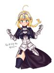  ahoge armor armored_dress artoria_pendragon_(all) bad_id bad_pixiv_id blonde_hair blush braid cosplay cropped_legs dress fate/apocrypha fate/zero fate_(series) gauntlets green_eyes headpiece jeanne_d'arc_(fate) jeanne_d'arc_(fate)_(all) jeanne_d'arc_(fate)_(cosplay) long_hair look-alike maccyman saber simple_background solo thighhighs translated white_background 