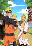  2011 baby blond_hair blonde_hair blue_eyes couple detached_sleeves facial_mark family fishnets forehead_protector from_behind fu_(naruto) fuu_(naruto) green_hair grin hair_ornament hairclip husband if_they_mated jewelry looking_back mario-reg naruto naruto_shippuuden orange_eyes ring shueisha signature smile uzumaki_naruto wife wink 