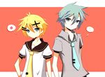  aqua_eyes aqua_hair blonde_hair blue_eyes hatsune_mikuo headphones kagamine_rinto short_hair tie vocaloid 