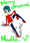  1girl christmas elbow_gloves food gloves gorillaz high_heels no_bra noodle noodle_(gorillaz) noodles shoes short_hair simple_background small_breasts solo thighhighs white_background 