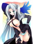  black_legwear breasts breasts_outside final_fantasy final_fantasy_vii genderswap genderswap_(mtf) green_eyes hand_on_thigh large_breasts long_hair nipples open_mouth panties pauldrons sephiroth shima_chiyo side_ponytail silver_hair solo striped striped_panties thighhighs underwear 