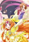  bow brown_eyes brown_hair choker cure_muse_(black) cure_muse_(yellow) glasses heart highres long_hair magical_girl mask multiple_girls multiple_persona pink_eyes precure satogo shirabe_ako short_hair suite_precure yellow_bow yellow_choker 