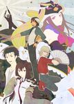  4boys animal_hat arm_cannon barnaby_brooks_jr cobra cobra_(movie) crossover fan folding_fan hat kaburagi_t_kotetsu kera_(yukekin) labcoat makise_kurisu mawaru_penguindrum multiple_boys multiple_girls oginome_ringo okabe_rintarou princess_of_the_crystal season_connection steins;gate takakura_himari tiger_&amp;_bunny weapon 