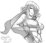  breasts cleavage eu03 greyscale hair_ornament hair_over_one_eye large_breasts long_hair monochrome pokemon pokemon_(game) pokemon_dppt shirona_(pokemon) simple_background sketch solo white_background 