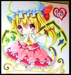  ascot blonde_hair chibi chocolat_(momoiro_piano) flandre_scarlet hat heart red_eyes shikishi side_ponytail smile solo touhou traditional_media wings 