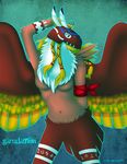  avian blue_eyes breasts brown brown_feathers chest_tuft digimon feathers female garudamon jackie_roberts mask naturally_censored navel orange solo tuft wings 