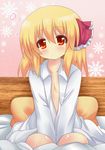  bad_id bad_pixiv_id bed blonde_hair dress_shirt hair_ribbon open_clothes open_shirt pillow red_eyes ribbon rumia shinekalta shirt short_hair sitting solo touhou v_arms 