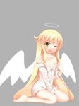  1girl angelia_avallone aq_interactive arcana_heart arcana_heart_2 atlus barefoot blonde_hair blush bottomless child dress_shirt examu feet flat_chest godharo1 halo highres long_hair off_shoulder open_mouth shirt sitting sleeves_past_wrists smile very_long_hair wariza wings wink yellow_eyes 