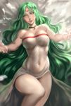  1girl bare_shoulders bed blush breasts dress goddess green_eyes green_hair highres jewelry kid_icarus kid_icarus_uprising large_breasts long_hair looking_at_viewer nintendo palutena ragecndy simple_background smile solo tiara very_long_hair 