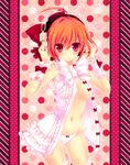  ahoge bare_shoulders blush bow bow_panties breasts cleavage groin hair_bow headphones highres konno_kengo large_breasts looking_at_viewer navel no_bra open_clothes orange_hair original panties polka_dot polka_dot_background red_eyes solo thighhighs underwear white_panties wrist_cuffs 