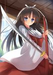  blue_eyes brown_hair dreamlight2000 hakama hidan_no_aria hotogi_shirayuki japanese_clothes katana miko red_hakama sheath solo sword weapon 