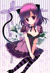  animal_ears breasts cat_ears cleavage highres kuromaru looking_at_viewer maid_headdress medium_breasts original pantyhose purple_eyes purple_hair ribbon smile solo striped striped_legwear v_arms 