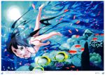  absurdres air_bubble barefoot bikini black_hair breath brown_eyes bubble butterflyfish coral errant fish freediving highres holding_breath k-on! long_hair nakano_azusa open_mouth scan solo submerged swimming swimsuit twintails underwater water 