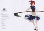  absurdres hair_bobbles hair_ornament highres onozuka_komachi parted_lips red_eyes red_hair rokuwata_tomoe scan scythe short_hair simple_background skirt solo standing touhou two_side_up 
