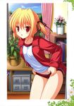  absurdres blonde_hair blush buruma clover_point curtains frilled_panties frills gym_uniform highres indoors jacket long_sleeves looking_at_viewer open_clothes open_jacket panties plant potted_plant red_hair shelf short_twintails takanashi_yaya tareme track_jacket twintails underwear undressing window yuyi 