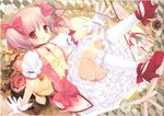  :d argyle argyle_background blush bow_(weapon) buttons choker dress flower gloves high_heels highres kaname_madoka magical_girl mahou_shoujo_madoka_magica miyasu_risa open_mouth pink_flower pink_hair pink_rose red_eyes ribbon_choker rose scan shoes smile socks solo twintails weapon 