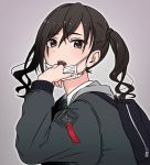  1girl :o backpack bag bangs black_jacket brown_eyes brown_hair eyebrows_visible_through_hair from_side green_neckwear grey_background hair_between_eyes hand_up hoshino_mitsuki idolmaster idolmaster_cinderella_girls jacket long_hair long_sleeves looking_at_viewer looking_to_the_side mask_pull mole mole_under_mouth open_mouth sharp_teeth shirt sidelocks simple_background solo striped striped_neckwear sunazuka_akira surgical_mask teeth twintails upper_body wavy_hair white_shirt 
