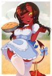  2018 5_fingers apple basket bow_tie braided_hair breasts cleavage clothed clothing digital_media_(artwork) dress ear_piercing female food frekles fruit glowing glowing_eyes grin hair hi_res holding_object horn humanoid legwear long_hair looking_aside meru_(merunyaa) merunyaa not_furry one_eye_closed open_mouth pie piercing pigtails pose red_skin smile solo spade_tail succubus thick_thighs thigh_highs tongue tongue_out twin_braids wink yellow_eyes 