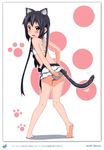  2011 absurdres animal_ears barefoot bikini black_hair blush brown_eyes cat_ears cat_tail dated errant from_behind full_body highres k-on! kemonomimi_mode long_hair looking_back nakano_azusa paw_print scan solo swimsuit tail twintails 