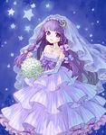  alternate_costume ama-tou bangs bare_shoulders blunt_bangs bouquet bridal_veil bride collar crescent crescent_hair_ornament dress elbow_gloves flower frills gloves hair_ornament hair_ribbon jewelry long_hair looking_at_viewer necklace patchouli_knowledge purple_eyes purple_hair ribbon simple_background smile solo star striped striped_dress touhou veil wedding_dress 