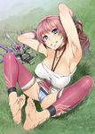  adjusting_hair armpits arms_behind_head barefoot blue_eyes blue_panties bow_(weapon) breasts cameltoe choker cleavage feet final_fantasy final_fantasy_xiii final_fantasy_xiii-2 grin jewelry large_breasts legs long_toenails mizuryuu_kei necklace panties pink_hair pink_legwear serah_farron smile soles solo spread_legs thighhighs thighs toenails toes underwear weapon 