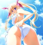  :o ass bikini blonde_hair breasts cloud day highres large_breasts long_hair looking_back nagisano purple_eyes sky solo swimsuit tears tsukasa_yuuki twintails yagyuu_aoi 