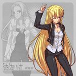  arai_kuma bad_id bad_pixiv_id black_jacket blonde_hair breasts cleavage copyright_name earrings fate/stay_night fate_(series) genderswap genderswap_(mtf) gilgamesh jacket jewelry long_hair medium_breasts one_eye_closed red_eyes 