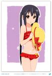  absurdres bikini black_hair blush bow brown_eyes dated errant hat hat_removed headwear_removed highres k-on! long_hair looking_at_viewer nakano_azusa navel open_mouth purple_background red_bikini red_bow ribbon scan solo sun_hat swimsuit twintails yellow_bow yellow_ribbon 