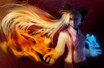  azzie_(az_man_studios) bad_id bad_pixiv_id blue_fire bow breasts fire fujiwara_no_mokou hair_bow hair_ornament long_hair medium_breasts pants ponytail shirt solo suspenders touhou very_long_hair white_hair 