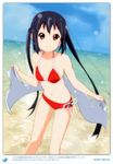  2011 absurdres beach bikini black_hair blush brown_eyes dated day errant highres k-on! long_hair looking_at_viewer nakano_azusa navel outdoors polka_dot polka_dot_bikini polka_dot_swimsuit scan smile solo swimsuit twintails water 