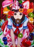  acrylic_paint_(medium) bad_id bad_pixiv_id blueberry brown_eyes brown_hair cherry chocolate_doughnut doughnut face food fruit highres ice_cream in_food kiwifruit long_hair looking_at_viewer macaron mouth_hold orange original oversized_object parfait school_uniform serafuku solo sprinkles strawberry_syrup tatsumi_(serao) traditional_media whipped_cream 