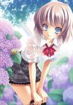  absurdres ayase_hazuki blue_eyes blurry bra copyright_request depth_of_field flower highres hydrangea leaning_forward plaid plaid_skirt rainbow scan school_uniform see-through short_hair skirt snail solo underwear wet wet_clothes 