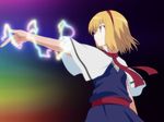  alice_margatroid biribiri blonde_hair blue_eyes capelet dress electricity hairband parody pointing solo supuzawa to_aru_kagaku_no_railgun to_aru_majutsu_no_index touhou 