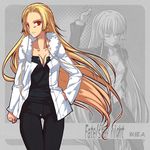  arai_kuma bad_id bad_pixiv_id blonde_hair breasts cleavage copyright_name dual_persona earrings fate/stay_night fate_(series) fur_trim genderswap genderswap_(mtf) gilgamesh jacket jewelry long_hair medium_breasts necklace red_eyes ring white_jacket 