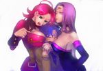  2girls ahoge bad_id bad_pixiv_id bare_shoulders blue_hair blush breast_smother breast_squeeze breasts cleavage dress facial_mark fate/extra fate/stay_night fate_(series) francis_drake_(fate) furon_(froon) green_eyes large_breasts long_hair matou_shinji multiple_breast_smother multiple_girls one_eye_closed pink_hair purple_eyes purple_hair rider school_uniform short_hair sideboob strapless strapless_dress very_long_hair wavy_hair 