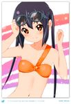  2011 absurdres bikini_top black_hair blush brown_eyes dated errant glasses highres k-on! long_hair looking_at_viewer nakano_azusa navel scan sidelocks smile solo twintails upper_body 