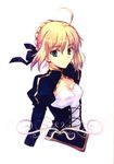  ahoge artoria_pendragon_(all) black_ribbon blonde_hair breasts cleavage crop_top eyebrows_visible_through_hair fate/stay_night fate_(series) green_eyes hair_between_eyes hair_ribbon highres looking_at_viewer official_art ribbon saber short_hair simple_background small_breasts smile solo takeuchi_takashi upper_body white_background 