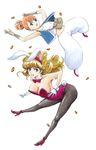  animal_ears blonde_hair breasts bunny_ears cleavage coin dragon_quest dragon_quest_iii flying-u jester_(dq3) large_breasts merchant_(dq3) multiple_girls pantyhose red_hair 