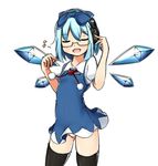  bad_id bad_pixiv_id bespectacled black_legwear bow cirno closed_eyes dress glasses hair_bow headphones kinakomoti listening_to_music lowres microdress musical_note open_mouth panties pantyshot pantyshot_(standing) solo standing thighhighs touhou underwear white_panties wings 