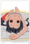  2011 :o absurdres armpits black_hair blush brown_eyes dated errant forehead highres k-on! long_hair looking_at_viewer lying nakano_azusa on_back open_mouth scan solo swimsuit twintails upside-down 